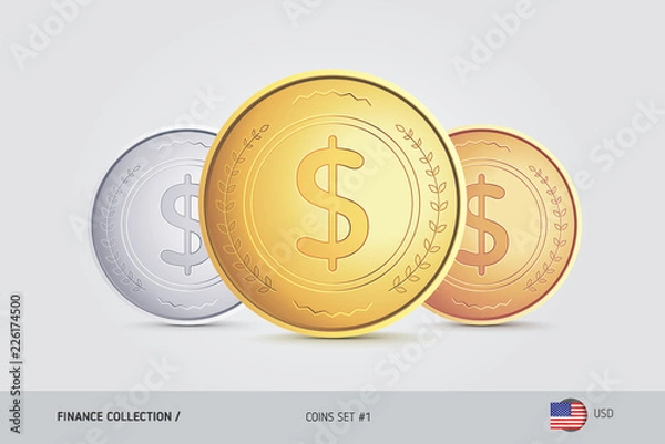 Fototapeta Golden, Silver and Bronze coins. Realistic metallic United States Dollar coins set. Isolated objects on background. Finance concept for websites, web design, mobile app, infographics.