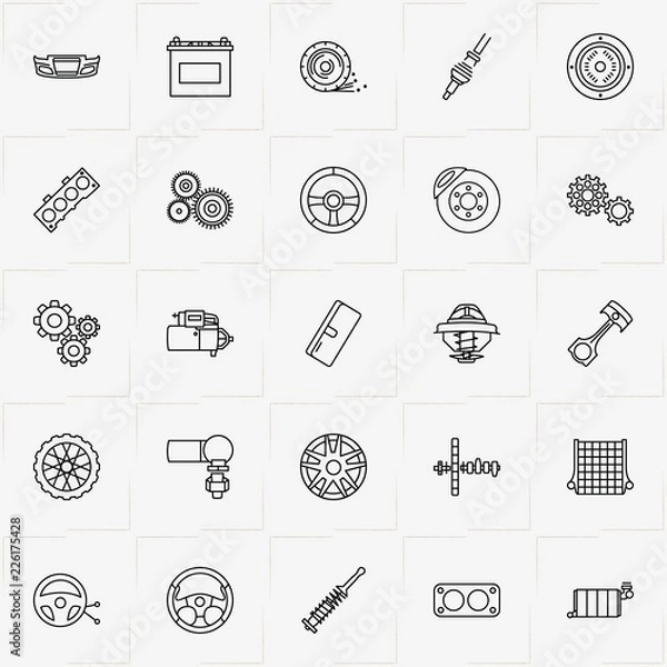 Fototapeta Auto Parts line icon set with accumulator, mechanism and auto part
