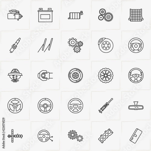 Fototapeta Auto Parts line icon set with engine head gasket, brake support disk and air filter
