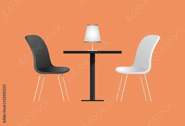 Fototapeta Black and white chairs and table in cafe. Vector illustration with furniture elements for an interior of cafe. Flat style
