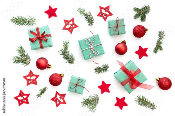Obraz Christmas Arrangement With Small Christmas Gifts, Balls, Stars And Pine Twigs