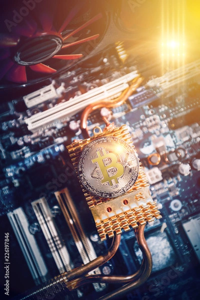 Fototapeta Bitcoin lies on the motherboard