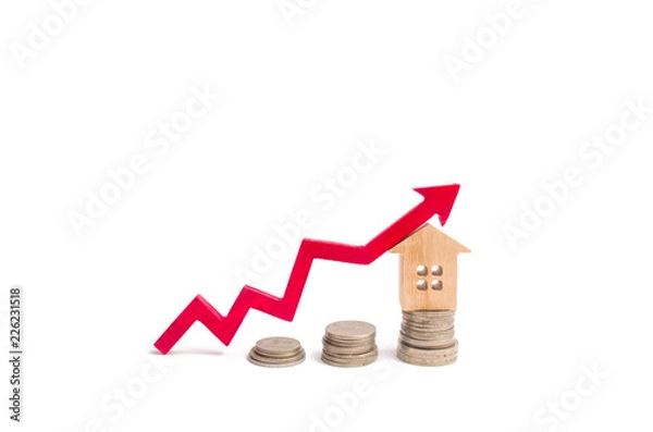 Fototapeta House on penny and arrow up. The concept of a rise in price of property. Increasing the cost of buying a property, rent. Investing in business. Deposit deposits. High demand for housing.