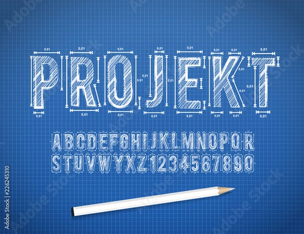 Obraz Blue Print szkic czcionki wektorowej