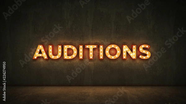 Fototapeta Neon Sign on Brick Wall background - Auditions. 3d rendering