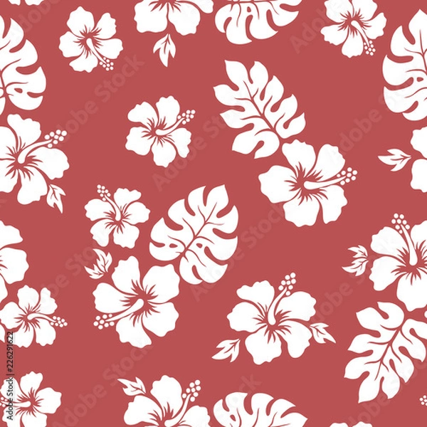 Fototapeta Tropical background with hibiscus flowers. Seamless hawaiian pattern. Exotic vector illustration