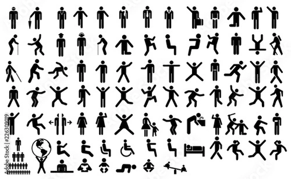 Fototapeta Duży zestaw piktogram działania ludzi. Czarna ilustracja