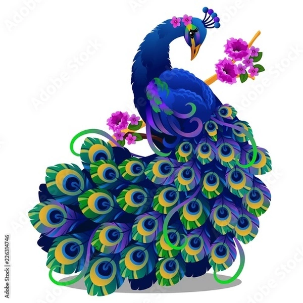 Obraz Beautiful bird peacock sitting on a perch with flowers isolated on white background. Vector cartoon close-up illustration.