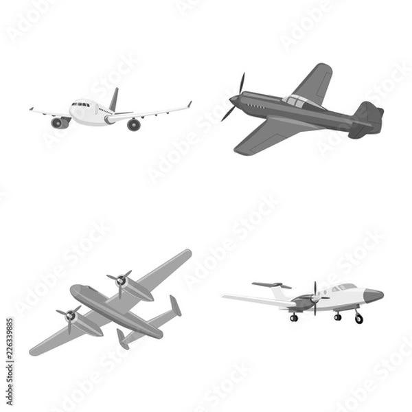 Fototapeta Vector illustration of plane and transport sign. Set of plane and sky stock symbol for web.