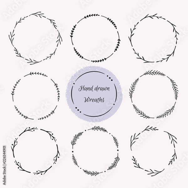 Fototapeta Hand drawn wreath set. Floral round frames, vector design elements for cards, invitations. 