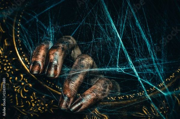 Fototapeta Bloody dirty dead hand keeps an ancient frame covered with old creepy spiderweb