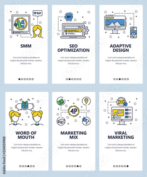 Fototapeta Vector web site linear art onboarding screens template. Online marketing mix. Menu banners for website and mobile app development. Modern design flat illustration.