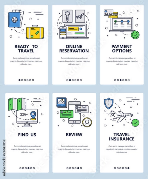 Fototapeta Szablon ekranów onboarding liniowej grafiki wektorowej witryny sieci web. Podróże i ikony koncepcja rezerwacji online. Banery menu do tworzenia stron internetowych i aplikacji mobilnych. Płaska ilustracja nowoczesny design.