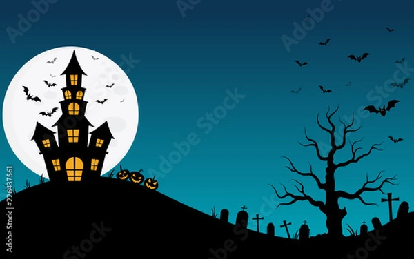Obraz Halloween haunted house and full moon with ghost,horror night background.Vector illustration