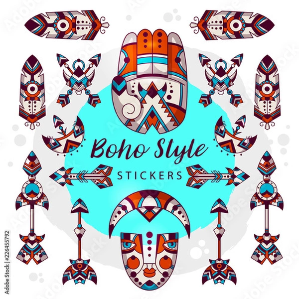 Fototapeta Symbole stylu boho wektor znaki plemienne. Ilustracje wektorowe Boho. Naklejki w stylu boho. Czeska koncepcja. Hipis wektor hamsa palma, strzały, księżyc, maska, pióro. Styl dekoracyjny i tatuaż.