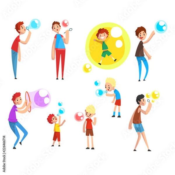 Obraz Adults and children blowing soap bubbles, people having fun cartoon vector Illustration on a white background