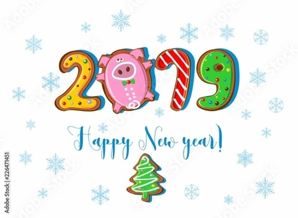 Fototapeta New year. 2019 year of the pig. Ginger biscuits in the form of numbers.  Vector