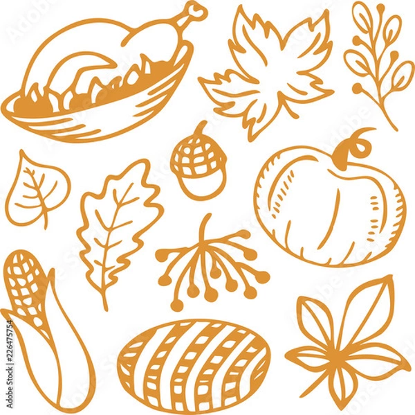 Fototapeta Autumn theme. Happy Thanksgiving day. Food and harvest. Set of vector Illustrations. Sketch. 
