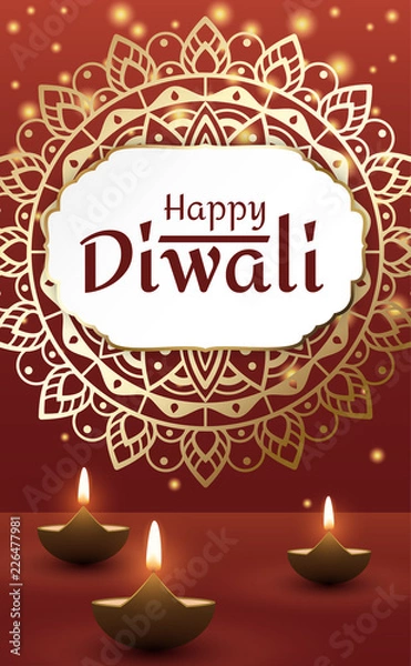 Fototapeta Happy Diwali card with oil lamps and traditional pattern.