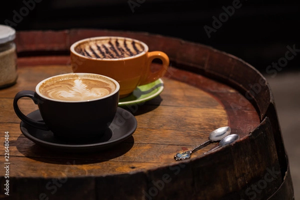 Fototapeta Latte and Cappuccino - Cafe Setting with Old Wood Barrel