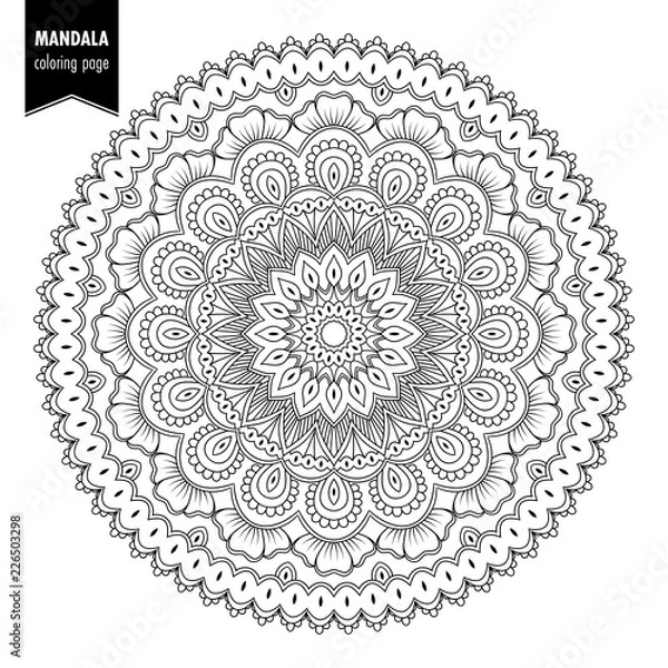 Obraz Monochrome ethnic mandala design. Anti-stress coloring page for adults. Hand drawn illustration
