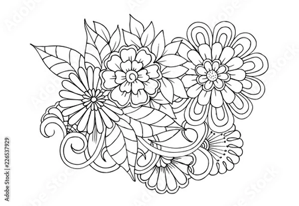 Fototapeta Page for coloring book. Outline flowers. Doodles in black and white
