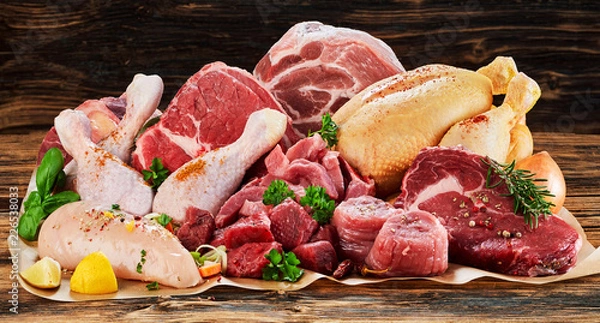 Obraz Raw meat assortment, beef, chicken, turkey