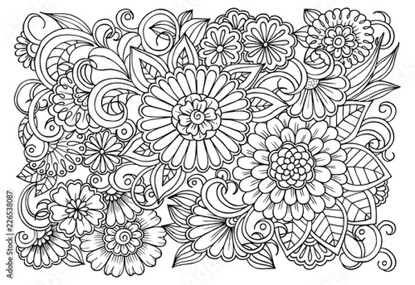 Obraz Page for coloring book. Outline flowers. Doodles in black and white
