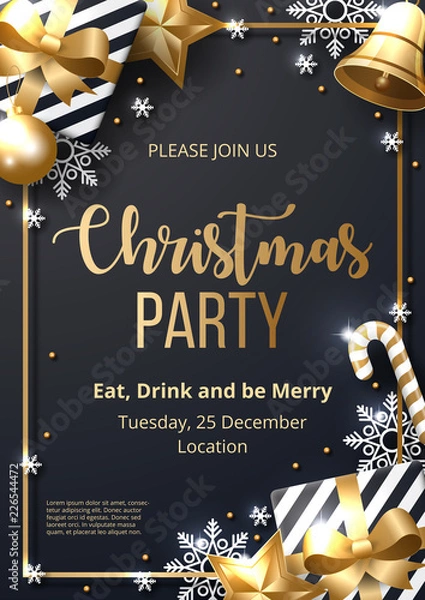 Fototapeta Szablon plakatu świątecznego z błyszczącymi złotymi i białymi ornamentami. Wykonane z płatków śniegu, prezentu, cukierków, dzwonków, gwiazdy, bombki. Ilustracji wektorowych