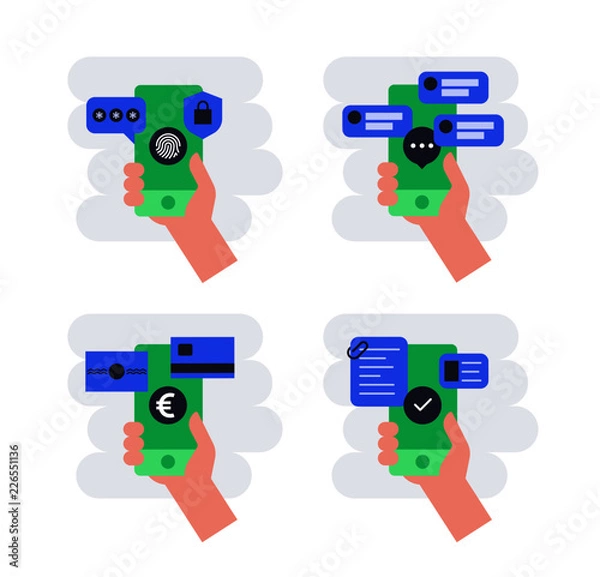 Obraz Four vector mobile phones, with security, messaging, banking and business on screens
