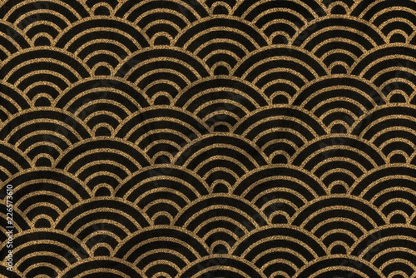 Fototapeta Highly detailed all over background texture of traditional japanese black and gold rainbow-shaped pattern design textile in synthetic fabric.