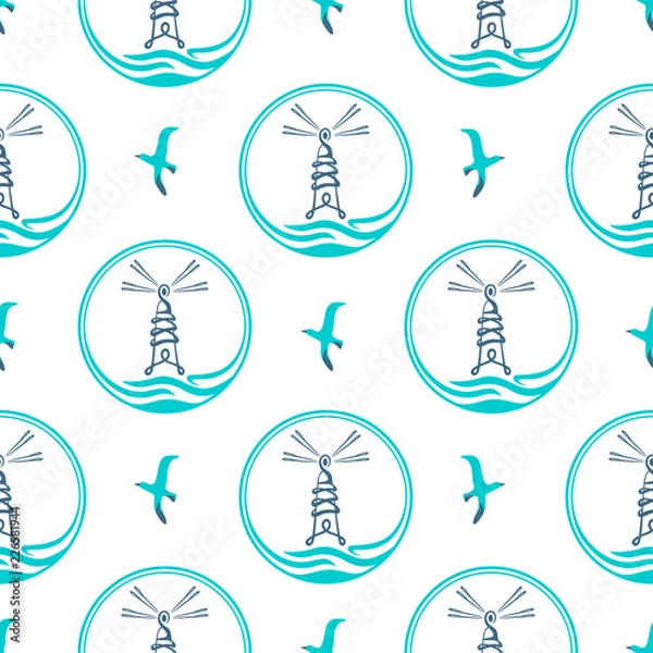 Fototapeta Lighthouses seamless pattern. Backgrounds of marine theme.