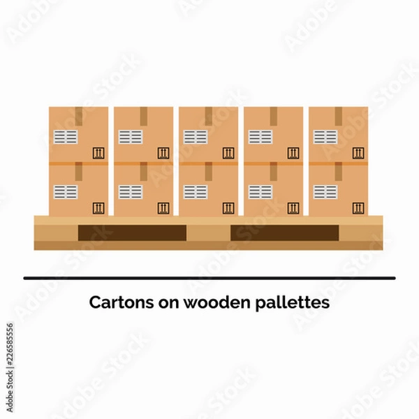 Obraz Vector illustration in flat style of the stack of cardboards standing on the wooden pallet. Warehouse equipment concept.