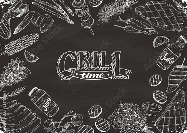Obraz BBQ and grill banner with sketch objects on blackboard. Hand drawn barbecue elements around text in horizontal composition. Grill time.