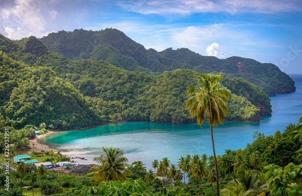 Obraz Sea and palm trees in Saint Vincent and the Grenadines, beautiful exotic paradise with mountains and beautiful perfect beaches and colorful turquoise and emerald colored water