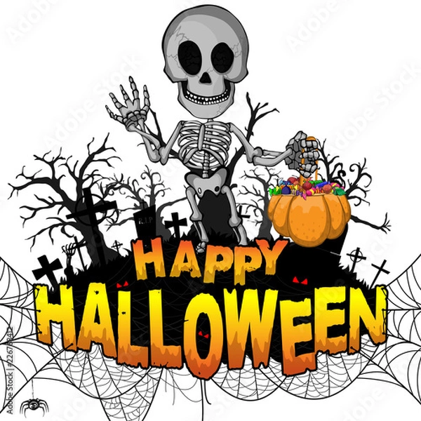 Fototapeta Happy Halloween Design template with skeleton on white isolated background. Vector illustration.