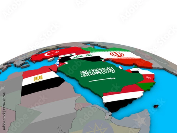 Obraz Middle East with embedded national flags on political 3D globe.