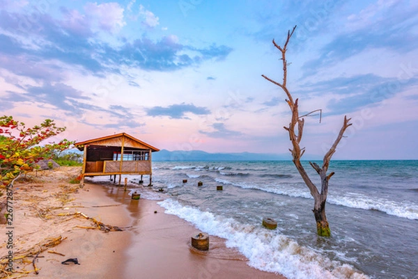 Obraz Burundi Bujumbura jezioro Tanganika, wietrzne zachmurzone niebo i piaszczysta plaża nad jeziorem morskim w Afryce Wschodniej, zachód słońca Burundi z domem z drewna i martwym drzewem na morzu