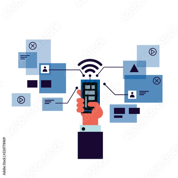 Obraz Hand holding mobile phone with connections
