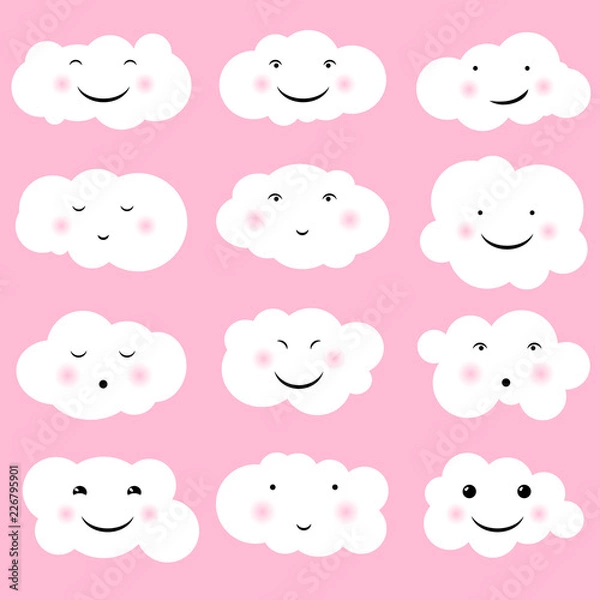 Fototapeta Lovely cute clouds. Set of Emoticons, Emoji. Smile icons. Isolated vector illustration