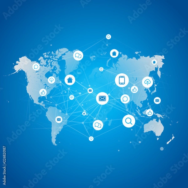 Obraz Digital Network Connections, Technology Vector Design - Internet of Things, Cloud Computing Design Concept with Icons on World Map Background