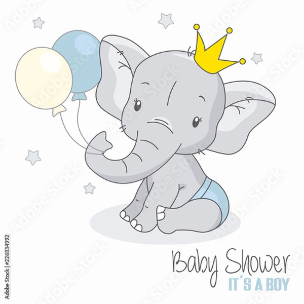 Fototapeta do pokoju dziewczynki baby shower boy. Śliczny słoń z balonami.