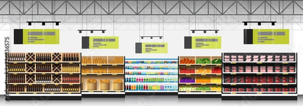 Obraz Scena wnętrza nowoczesnego supermarketu z produktami w tle, wektor, ilustracja