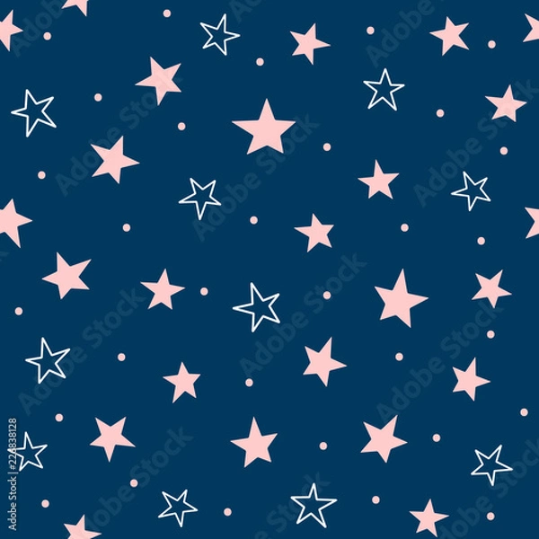 Obraz Cute seamless pattern with scattered stars and round dots. Repeated girly print. Blue, pink, white colors.