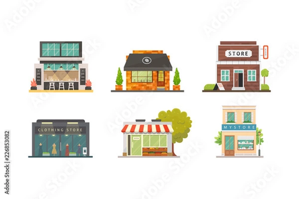 Fototapeta Zestaw ilustracji wektorowych budynków sklepu sklepowego. Rynek zewnętrzny, restauracja i kawiarnia. Sklep warzywny, apteka, butik, domy miejskie.