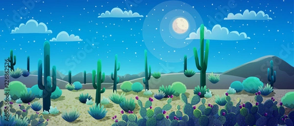 Fototapeta Desert landscape at nignt with cactus and bushes, starry sky and bright moon.Vector illustration. 