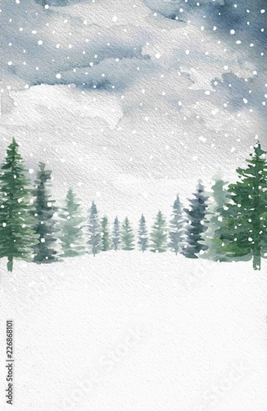 Obraz Watercolor Winter Snow Pine Trees Background