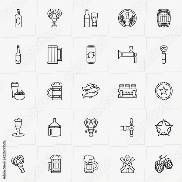 Fototapeta Beer line icon set with case of beer, beer can  and bottle opener