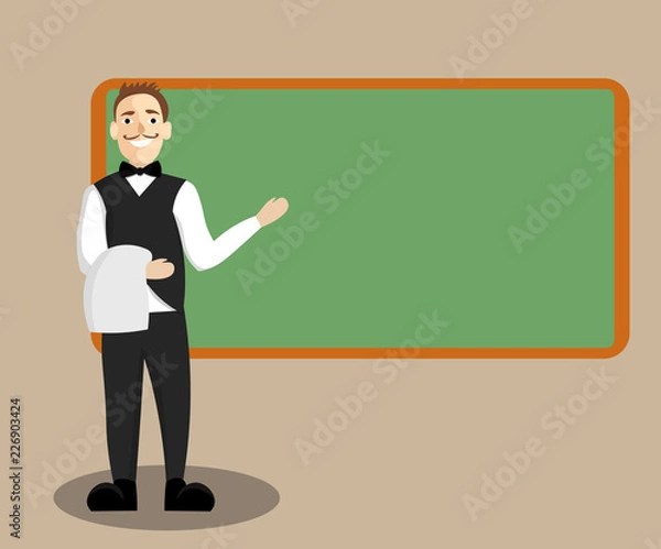Fototapeta Flat design business Vector Illustration Empty copy space for Ad website promotion esp isolated Banner template. Male Waiter Smiling Standing in Uniform Hand Presenting Blank Menu Board