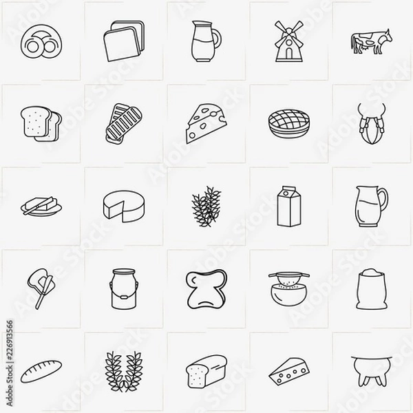 Fototapeta Bread & Milk line icon set with butter, spica and milk can
